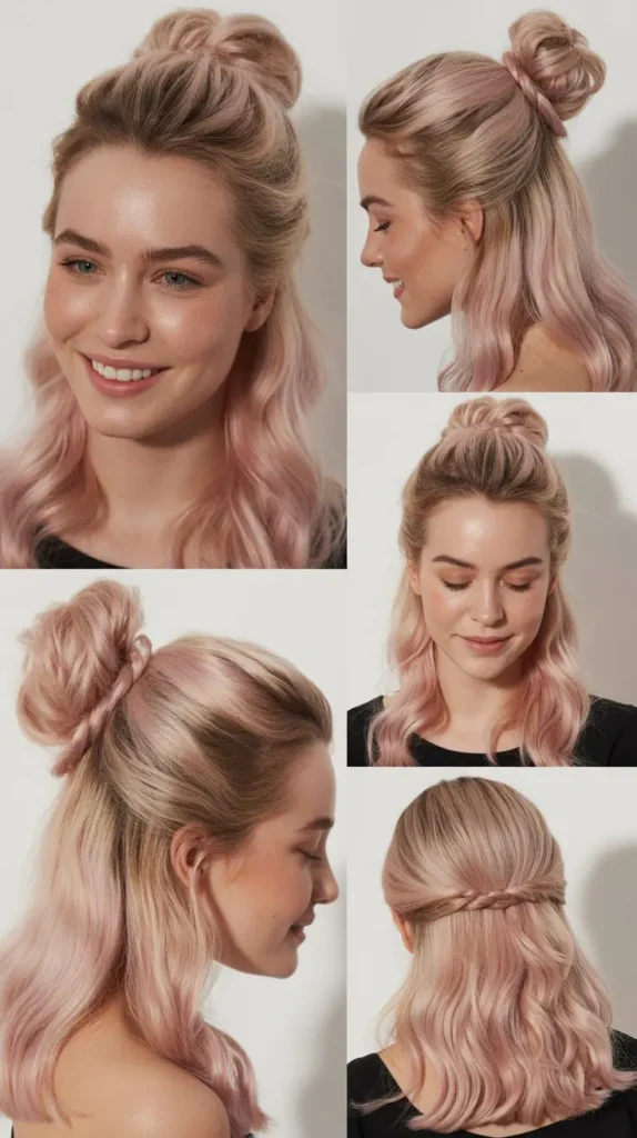 Light Pink Half Up Half Down Wig with Twisted Half Bun