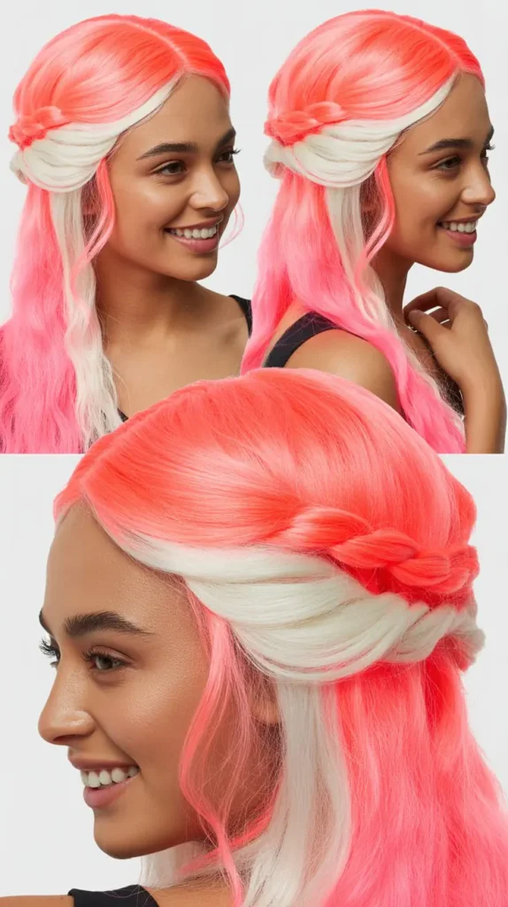 Neon Pink and White Half Up Half Down Wig with Twisted Sections