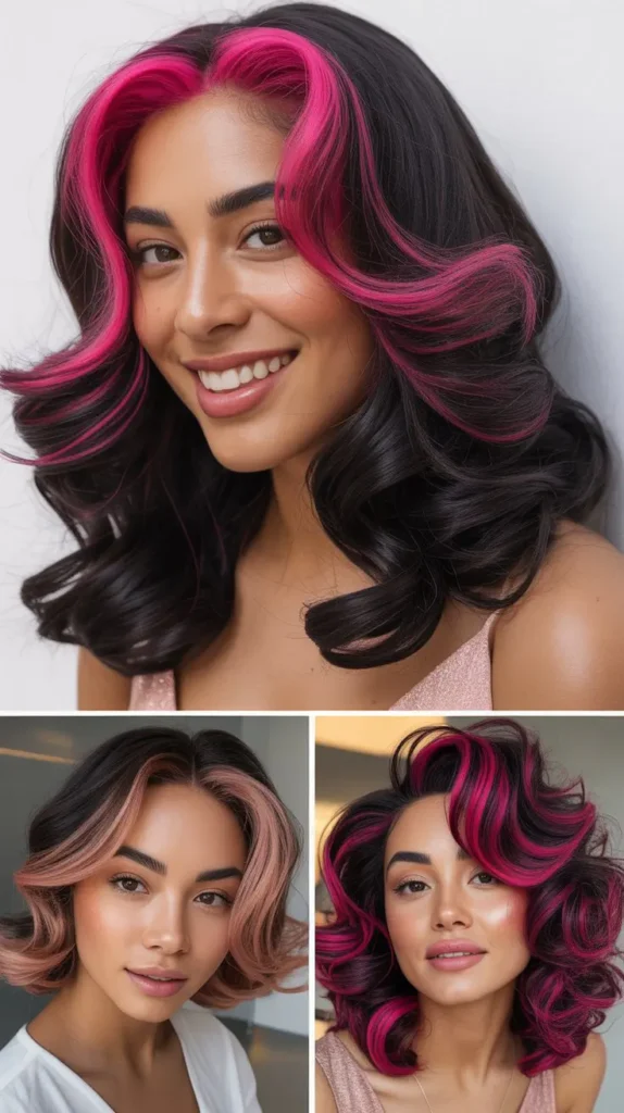 Pink Highlight Wig on Natural Black Base