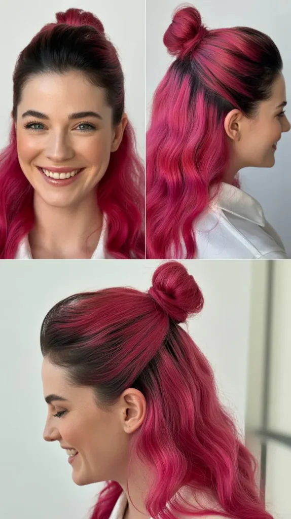 Magenta Pink Half Up Half Down Wig with Sleek Top Knot
