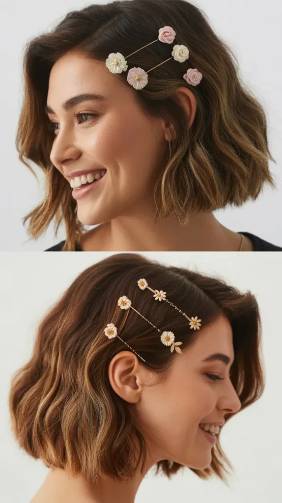 Textured Lob with Floral Bobby Pins