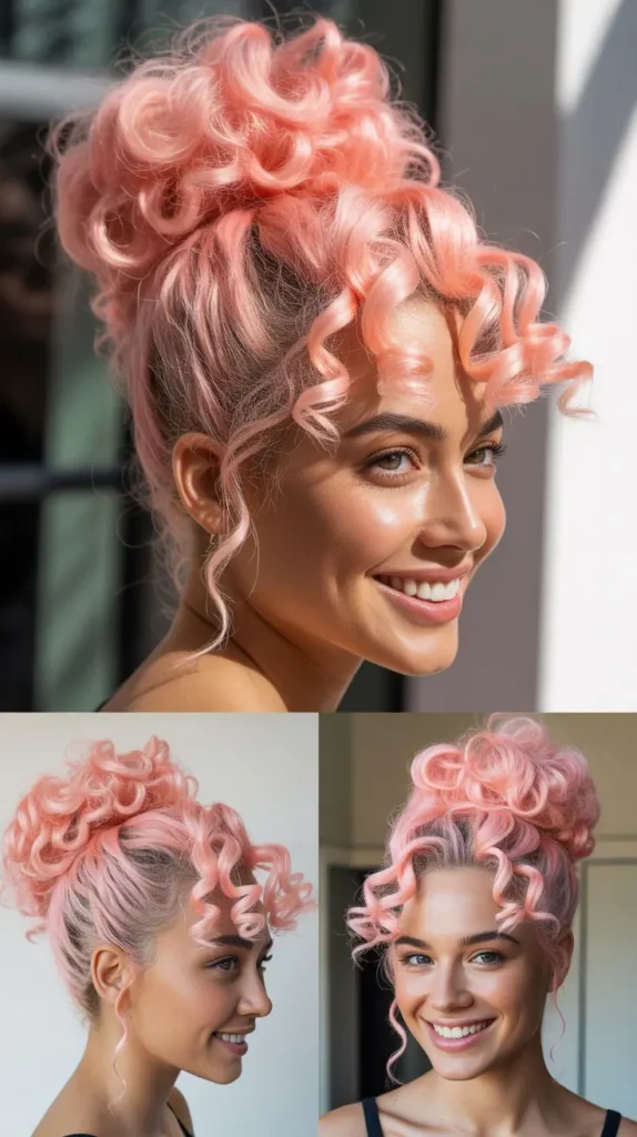 Cotton Candy Pink Curly High Bun