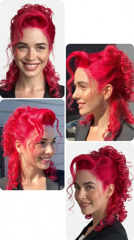 Fuchsia Pink Half Up Half Down Wig with Curly Tendrils