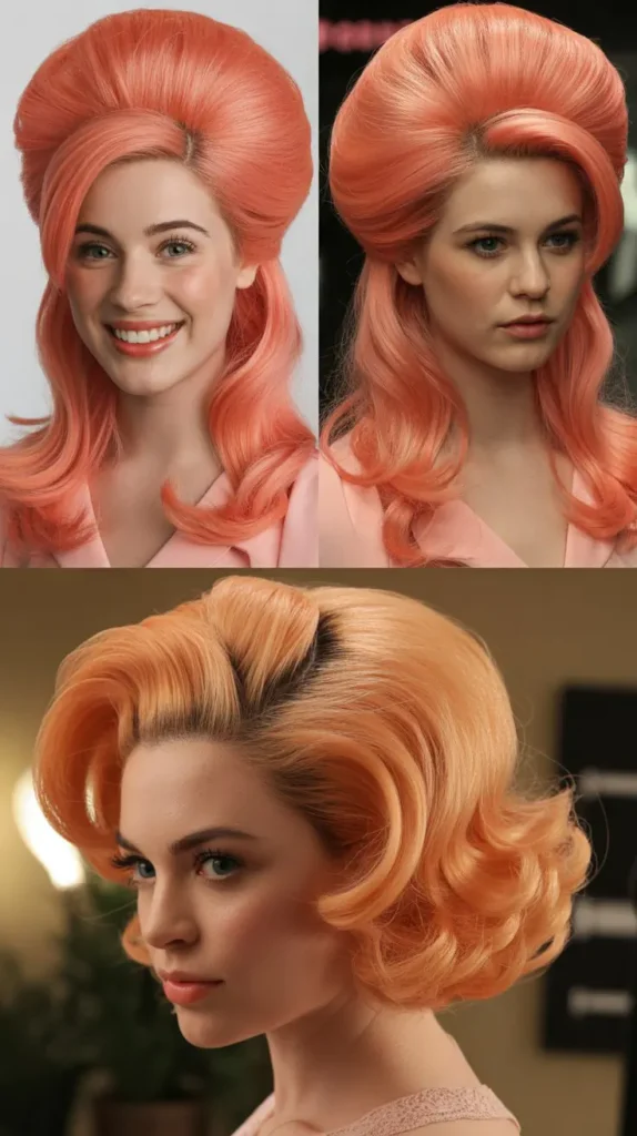 Coral Pink Half Up Half Down Wig with Retro Bouffant Top