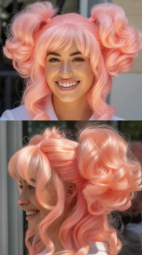  Cotton Candy Pink Half Up Half Down Wig with Puff Pigtails