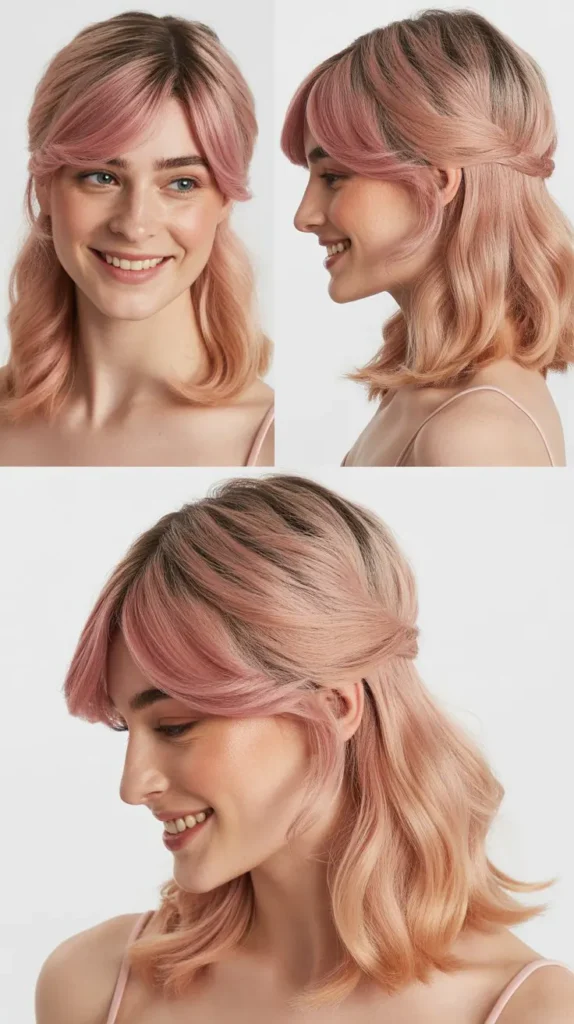Millennial Pink Half Up Half Down Wig with Side Swept Look