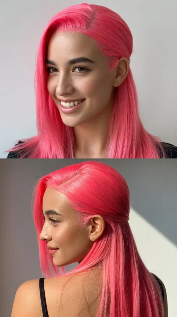 Hot Pink Half Up Half Down Wig with Straight Hair