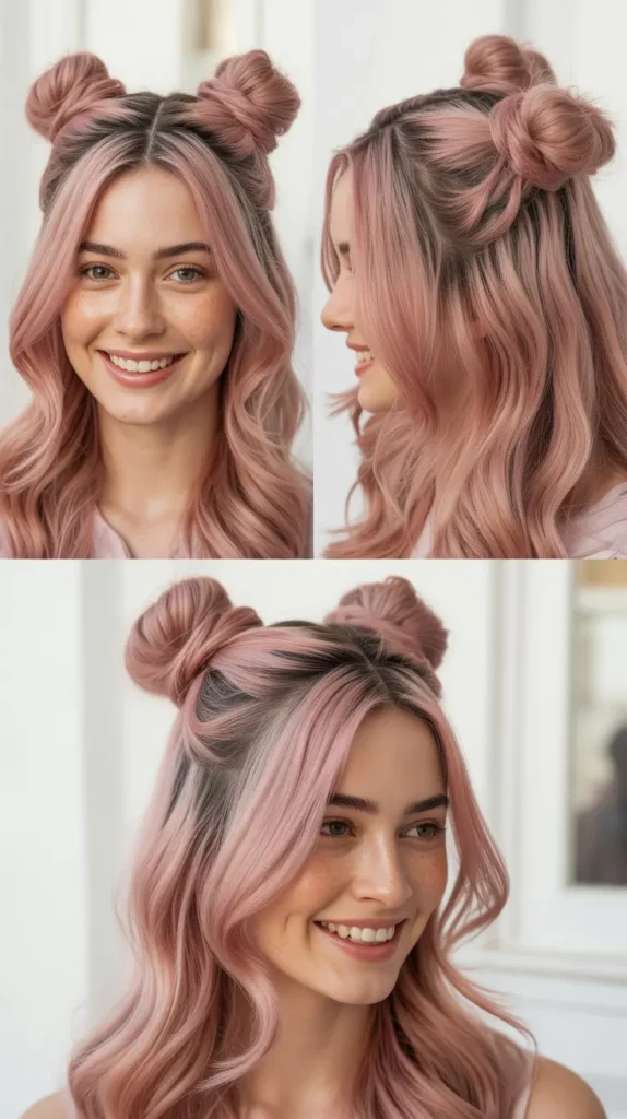 Dusty Pink Half Up Half Down Wig with Space Buns on Top