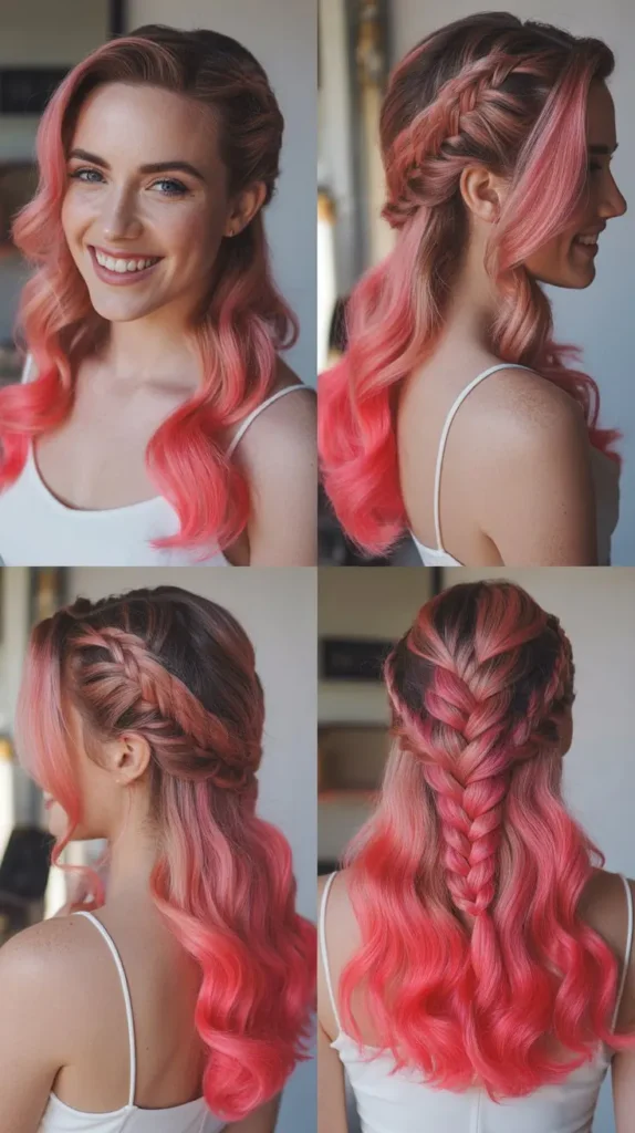 Flamingo Pink Half Up Half Down Wig with Fishtail Braid
