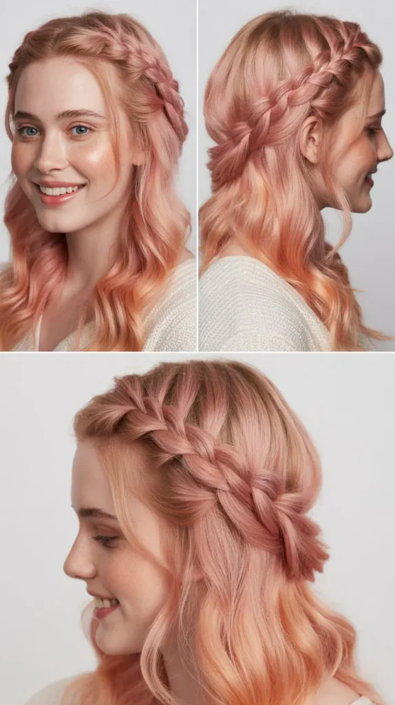 Rose Gold Pink Half Up Half Down Wig with Braided Crown