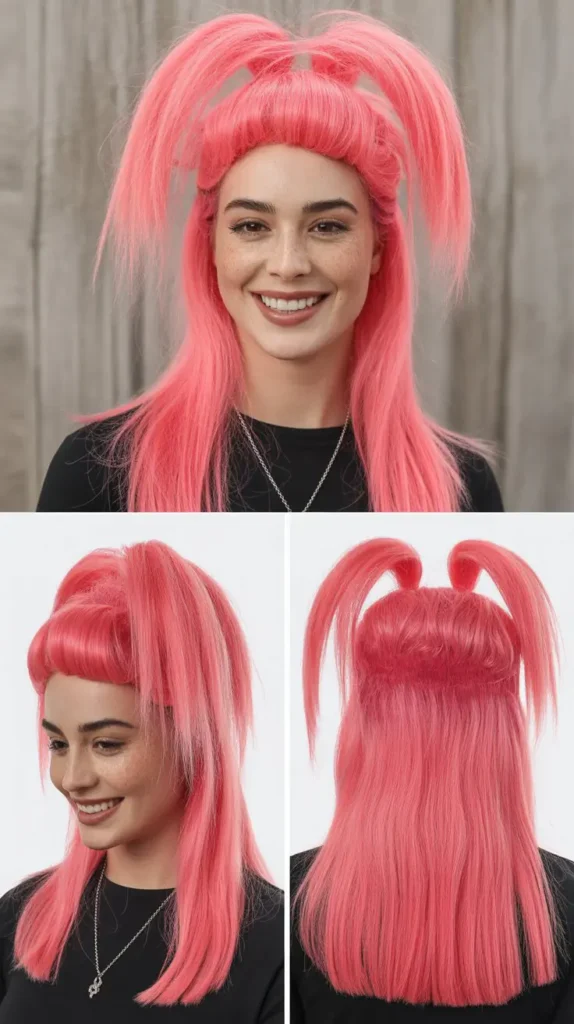  Electric Pink Half Up Half Down Wig for Halloween Looks