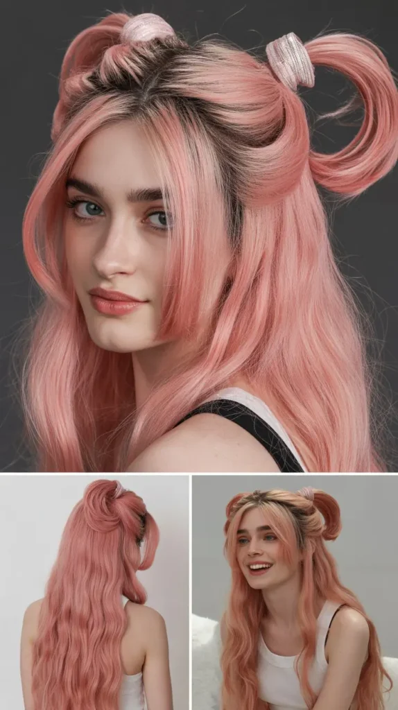 Glossy Pink Half Up Half Down Wig for Cosplay Characters