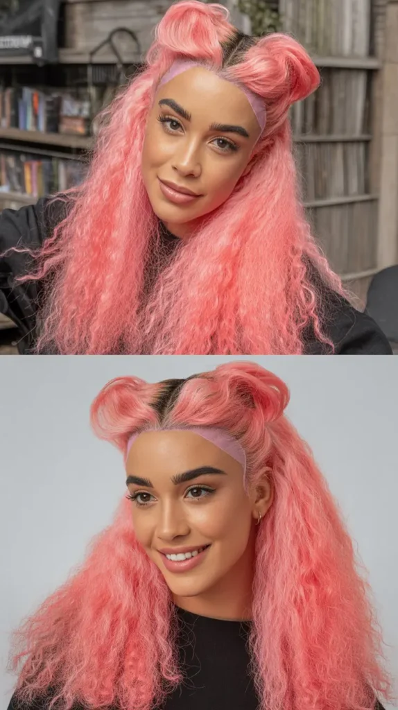 Gradient Pink Half Up Half Down Wig with Curly Top Section