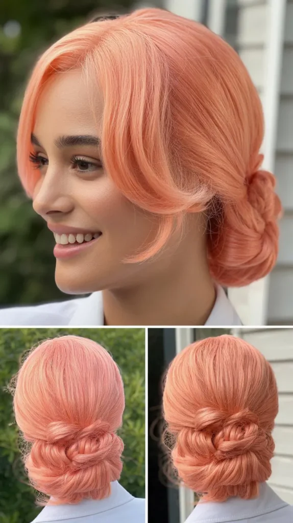 Peachy Pink Half Up Half Down Wig with Low Twisted Chignon