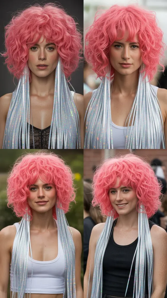 Crimped Pink Wig with Tinsel or Glitter Strands