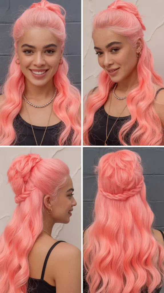 Sheer Pink Half Up Half Down Wig with Loose Wavy Texture