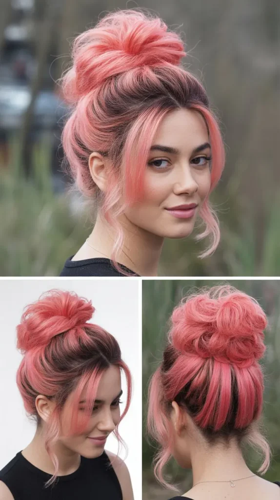  Watercolor Pink Half Up Half Down Wig with Messy Bun