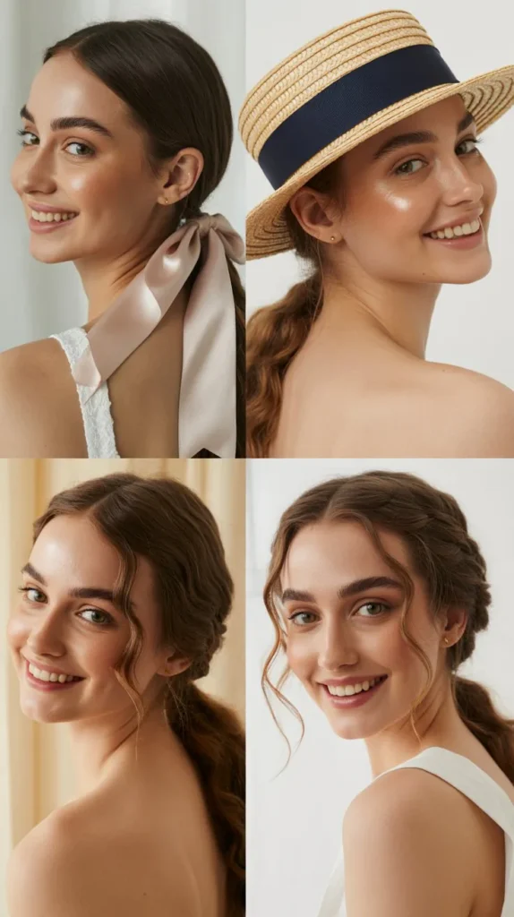Bow-Adorned Ponytail with a Straw Boater Hat