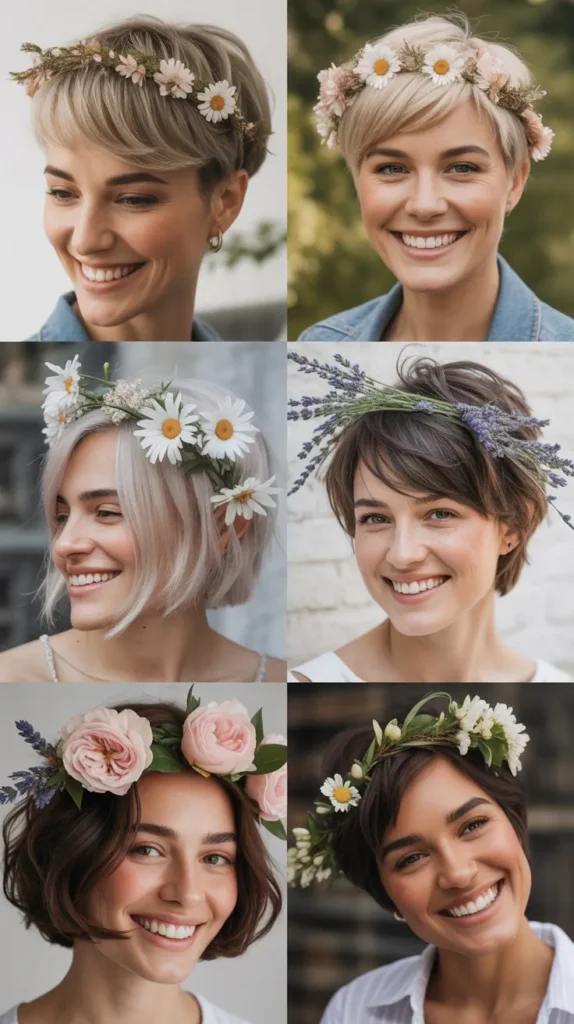 Short Hair with Floral Crown