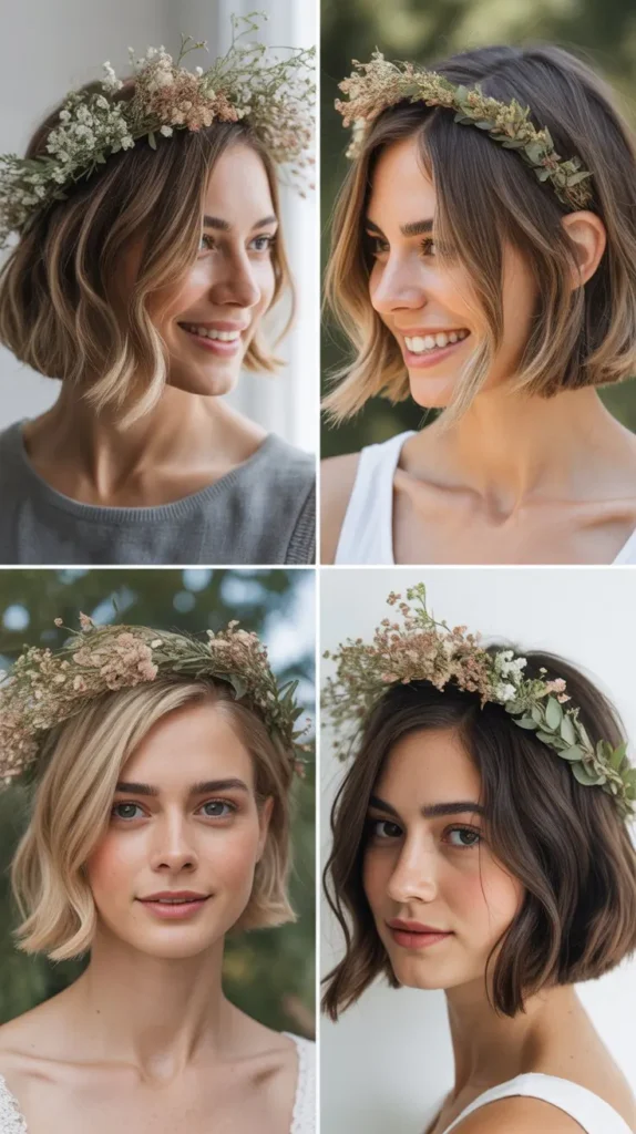 Side-Swept Bob with Floral Crown Detail
