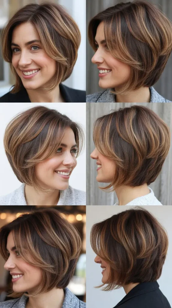 Brown Bob with Caramel Highlights and Soft Layers