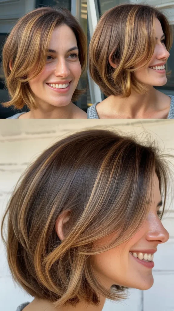 Brown Bob with Caramel Highlights and Wispy Ends