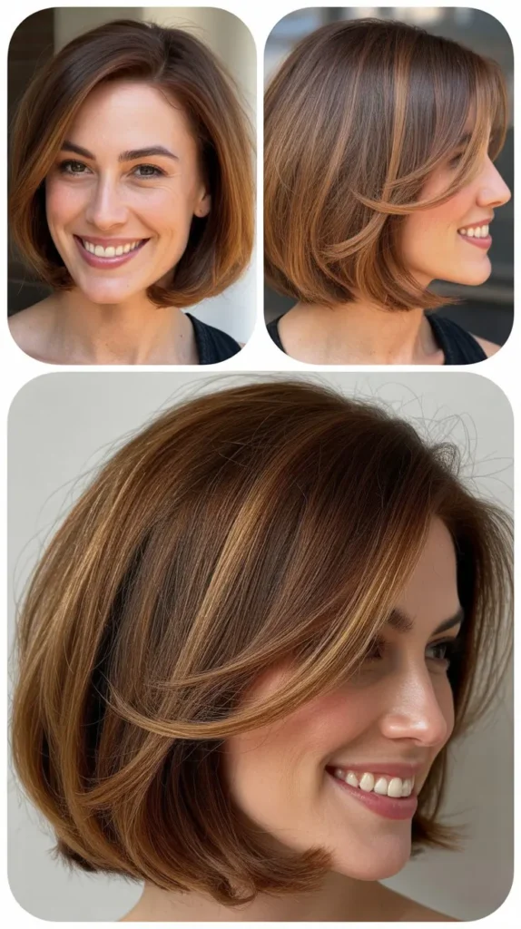 Brown Bob with Caramel Highlights and Subtle Layers