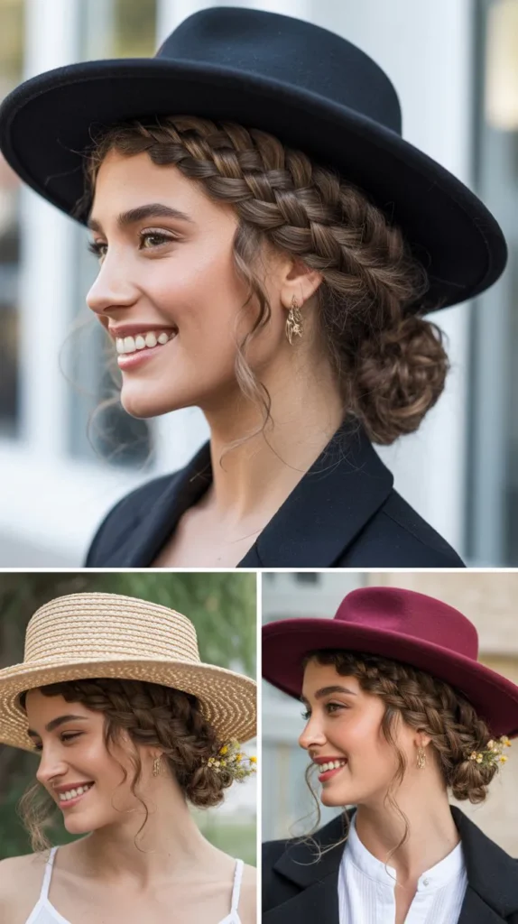 Half-Up Braided Crown with a Wide-Brimmed Hat
