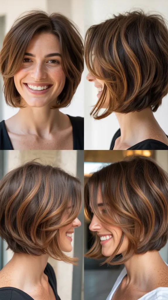 Brown Bob with Caramel Highlights and Choppy Layers