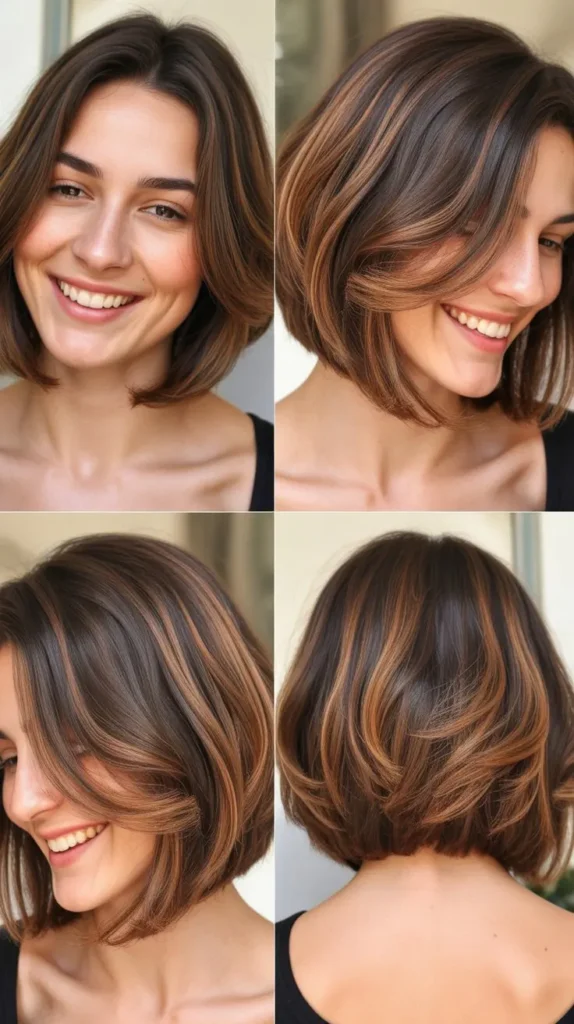 Brown Bob with Caramel Highlights and Textured Ends