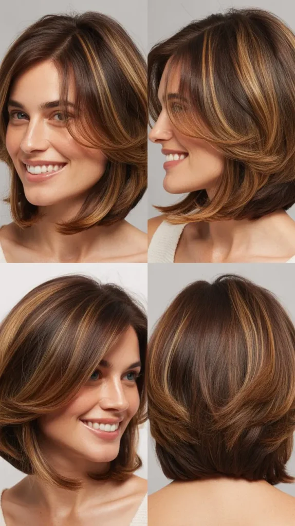 Brown Bob with Caramel Highlights and Feathered Layers