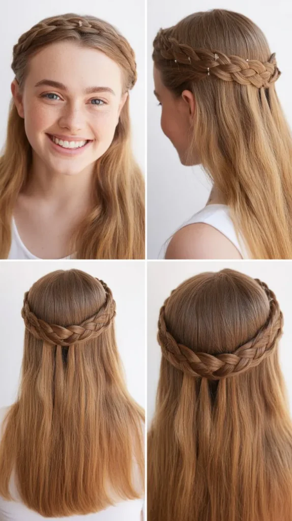 Straight Hair with Braided Crown