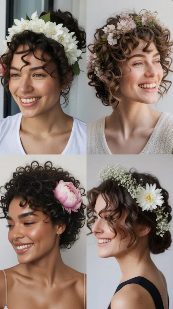 Full Volume Curly Updo with Floral Accents