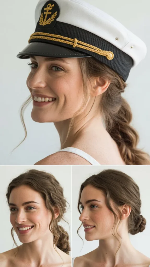 Braided Ponytail with a Nautical Captain's Hat