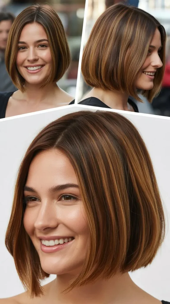 Brown Bob with Caramel Highlights and Middle Part