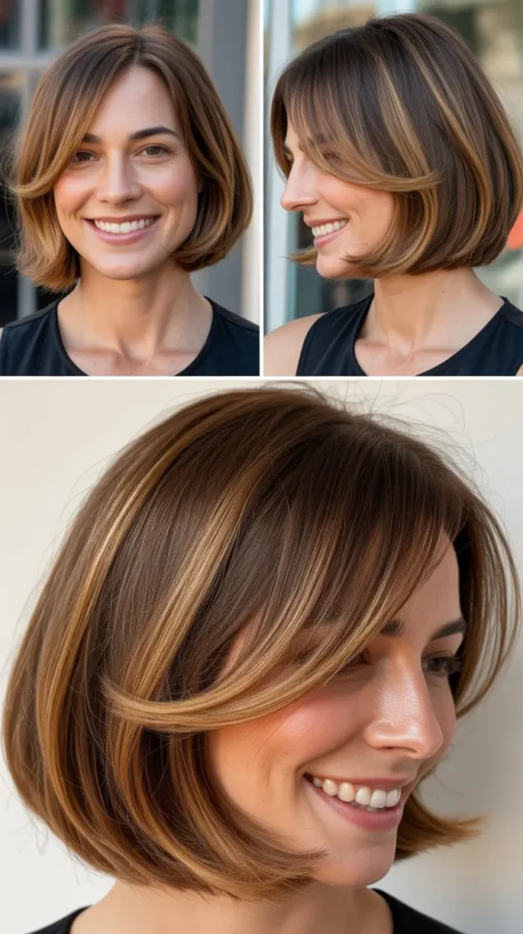 Brown Bob with Caramel Highlights and Side Bangs