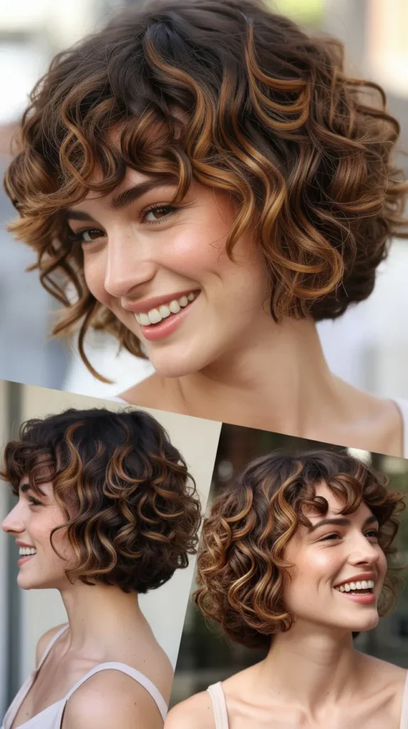 Curly Brown Bob with Caramel Highlights