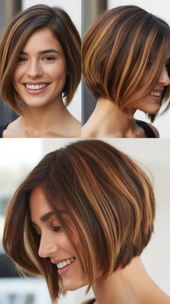 Angled Brown Bob with Caramel Highlights