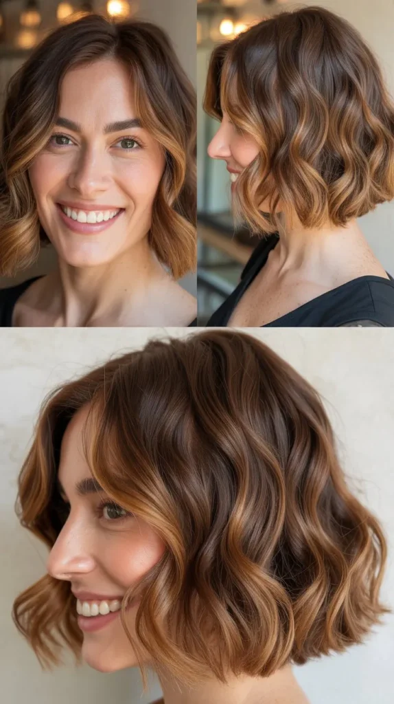 Brown Bob with Caramel Highlights and Soft Waves