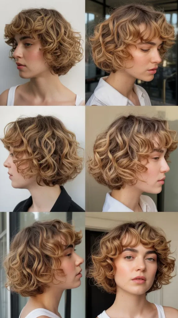  Curly French Bob with Blonde Curtain Bangs
