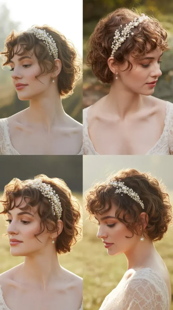 Curly Short Hair With Delicate Pearl Headpiece