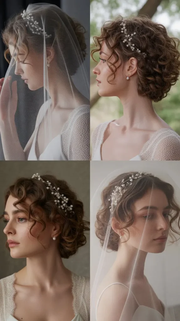 Short Curly Hair With Mini Bridal Veil
