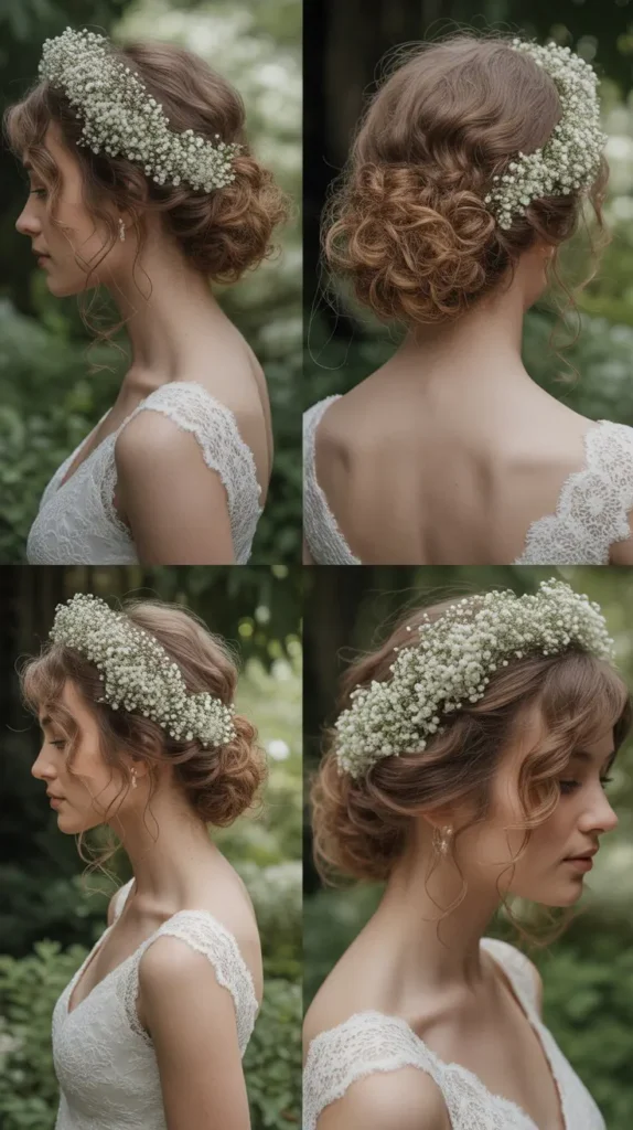 Curly Short Hair With Baby’s Breath Flowers