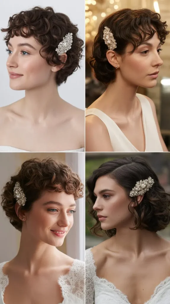 Curly Short Hair With Statement Bridal Clip