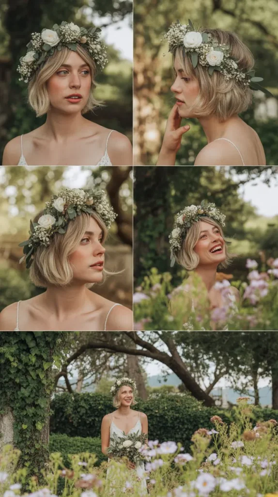 Short Blonde Hair with Floral Crown
