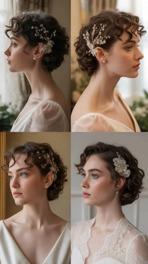 Curly Short Hair With Decorative Bridal Pins