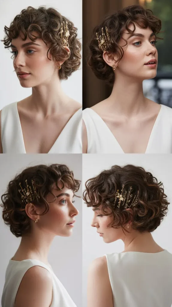 Curly Short Hair With Gold Hair Pins