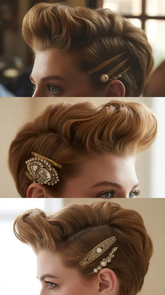 Pompadour Quiff with Jeweled Hairpins