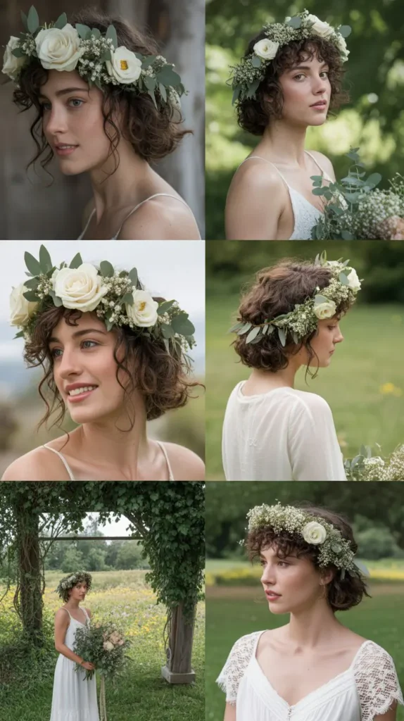 Curly Short Hair With Floral Crown