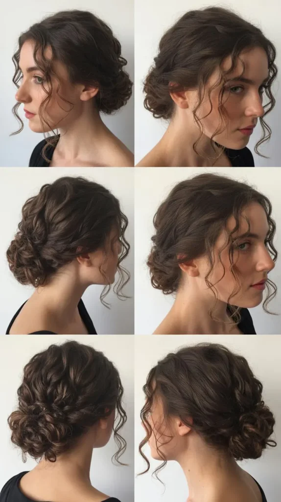 Curly Low Bun with Face-Framing Tendrils